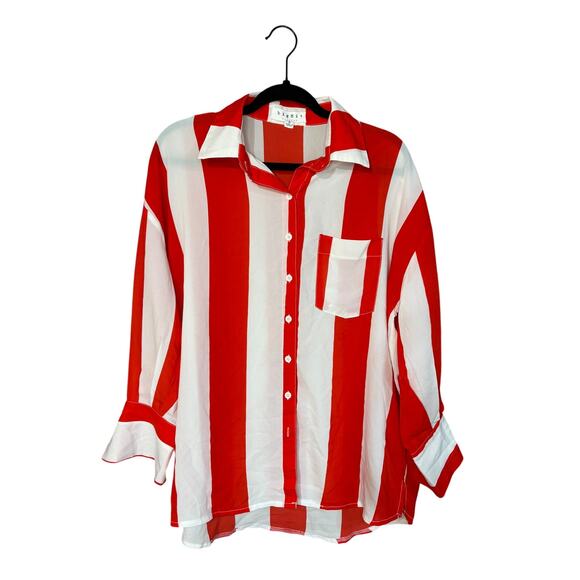 Big Hit Women’s Oversized Button-Up, Red White Sheer Stripe, Small, EUC - Picture 1 of 5